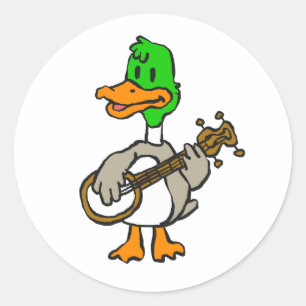 Funny duck playing banjo choose background colou classic round sticker