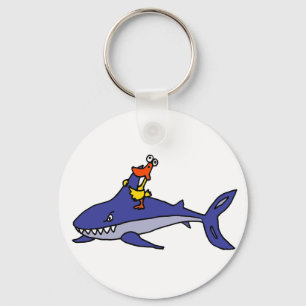 Funny Duck Riding Shark Cartoon Key Ring
