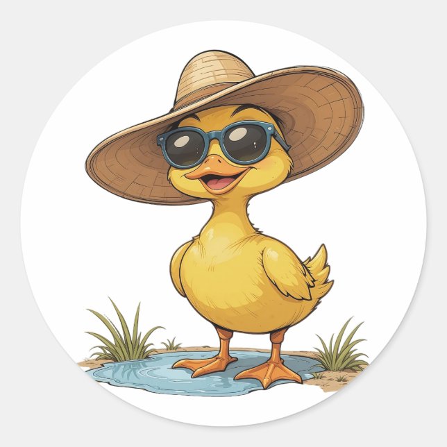 Funny Duck Wearing a Big Sun Hat and Sunglasses Classic Round Sticker (Front)