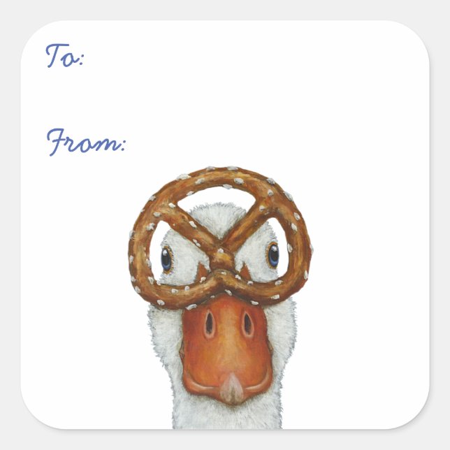 Funny duck with pretzel gift wrapping sticker (Front)