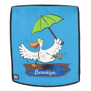 Funny duck with umbrella dancing cartoon backpack