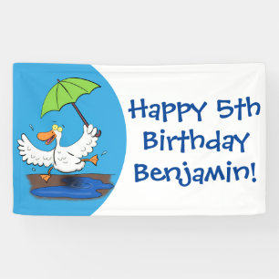 Funny duck with umbrella dancing cartoon banner