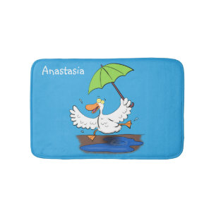 Funny duck with umbrella dancing cartoon bath mat