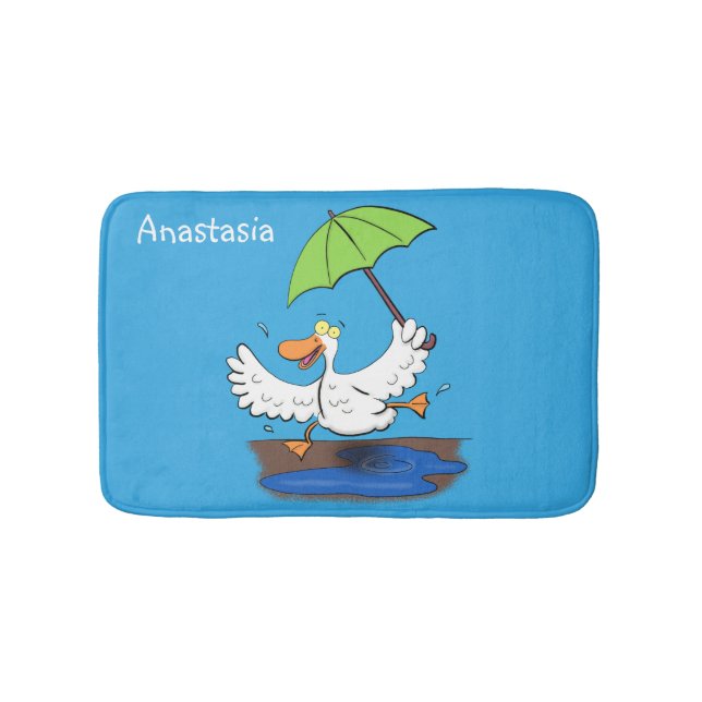 Funny duck with umbrella dancing cartoon bath mat (Front)