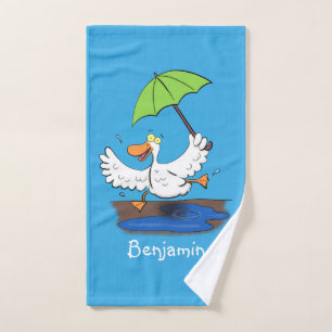 Funny duck with umbrella dancing cartoon bath towel set