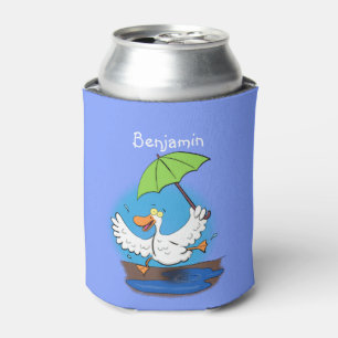 Funny duck with umbrella dancing cartoon can cooler