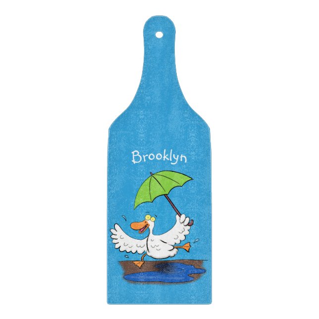 Funny duck with umbrella dancing cartoon cutting board (Front)