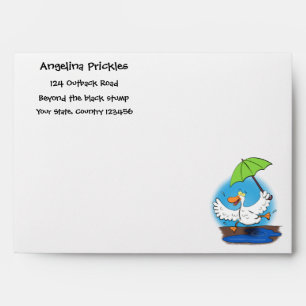 Funny duck with umbrella dancing cartoon envelope