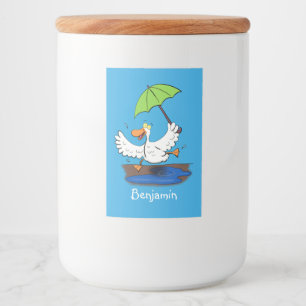 Funny duck with umbrella dancing cartoon food label