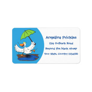 Funny duck with umbrella dancing cartoon label