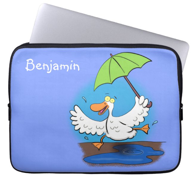 Funny duck with umbrella dancing cartoon laptop sleeve (Front)