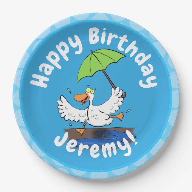 Funny duck with umbrella dancing cartoon paper plate (Front)