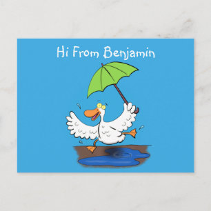 Funny duck with umbrella dancing cartoon postcard