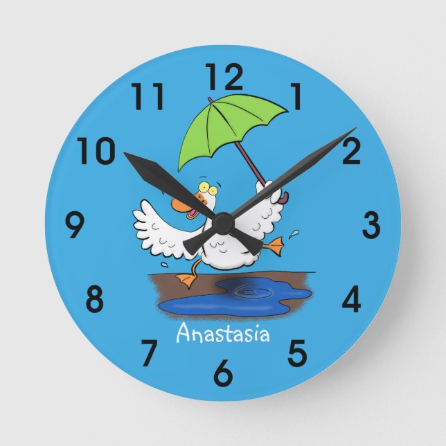 Funny duck with umbrella dancing cartoon round clock (Front)
