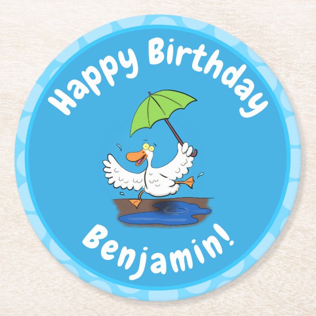 Funny duck with umbrella dancing cartoon round paper coaster (Front)
