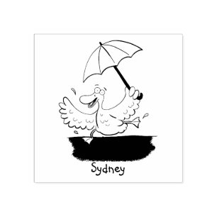 Funny duck with umbrella dancing cartoon rubber stamp