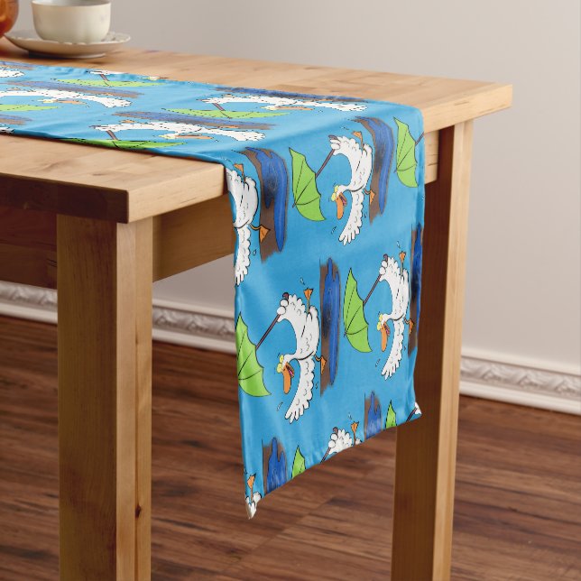 Funny duck with umbrella dancing cartoon short table runner (In Situ)