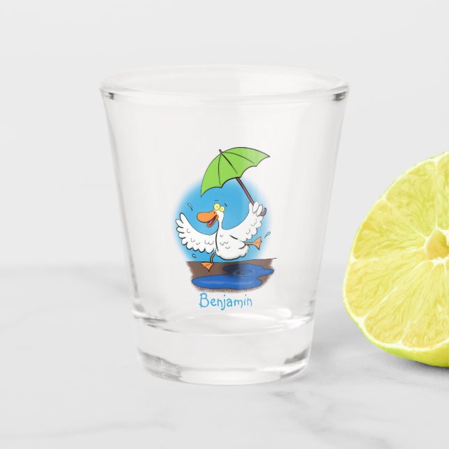 Funny duck with umbrella dancing cartoon  shot glass (Front)