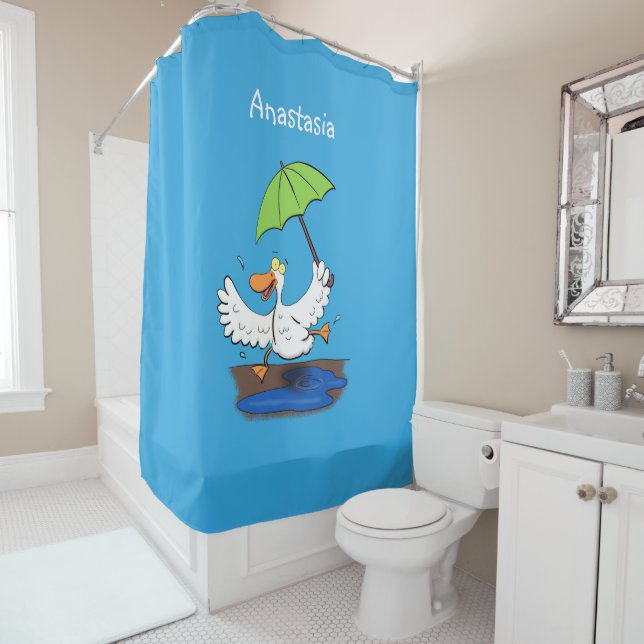 Funny duck with umbrella dancing cartoon shower curtain (In Situ)