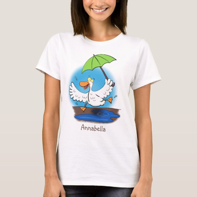 Funny duck with umbrella dancing cartoon T-Shirt (Front)