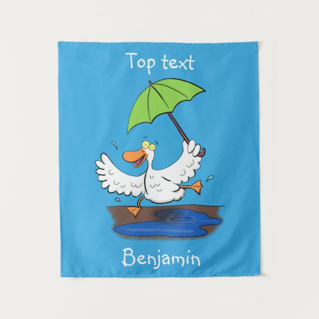 Funny duck with umbrella dancing cartoon tapestry (Front)