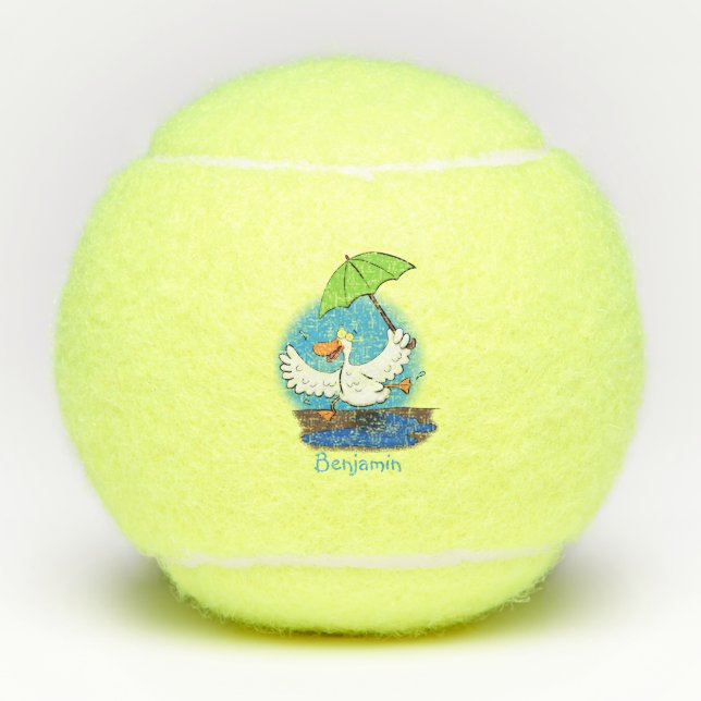 Funny duck with umbrella dancing cartoon tennis balls (Front)