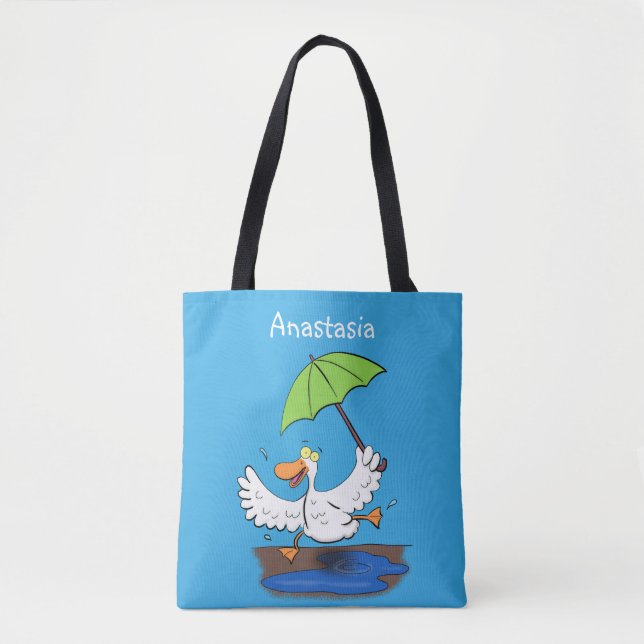 Funny duck with umbrella dancing cartoon tote bag (Front)