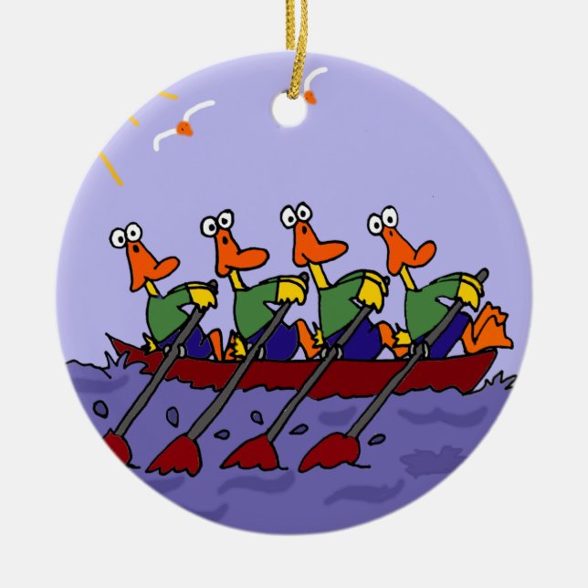 Funny Ducks in a Row Cartoon Ceramic Ornament (Front)