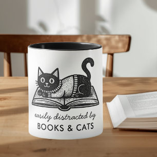 Funny Easily Distracted by Books and Cats Coffee Mug