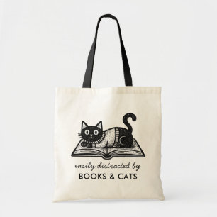 Funny Easily Distracted by Books and Cats Tote Bag