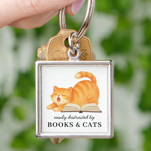 Funny Easily Distracted By Books & Cats Cute Key Ring