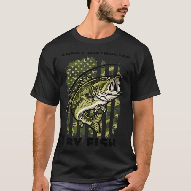 Funny Easily Distracted By Camo B Fish American Fl T-Shirt (Front)