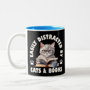 Funny Easily Distracted By Cats And Books Two-Tone Coffee Mug