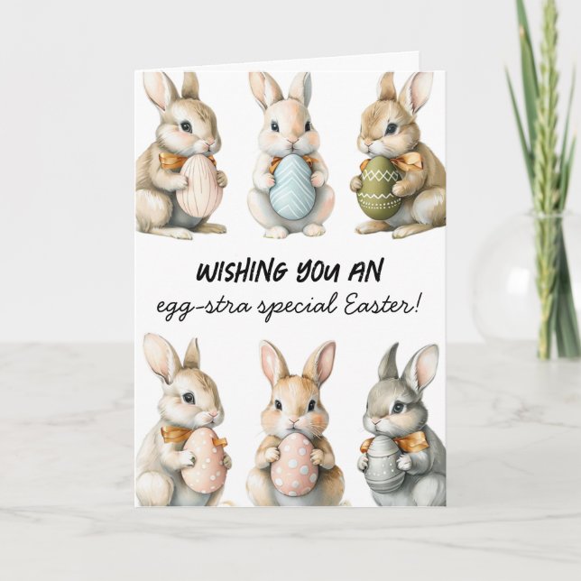 Funny Easter Bunnies with Colourful Eggs Card (Front)