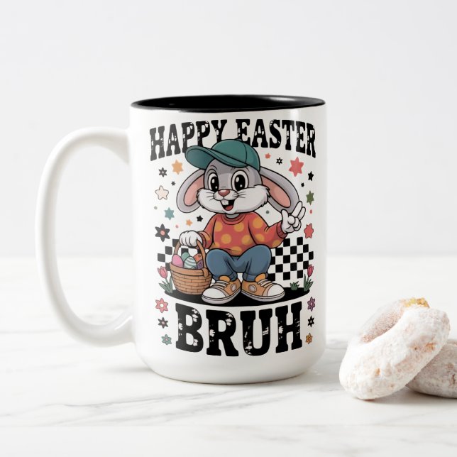 Funny Easter Bunny Bruh | Cool Rabbit With Sunglas Two-Tone Coffee Mug (With Donut)
