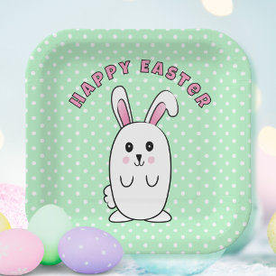 Funny Easter Bunny Cartoon Green Pink White Fun Paper Plate