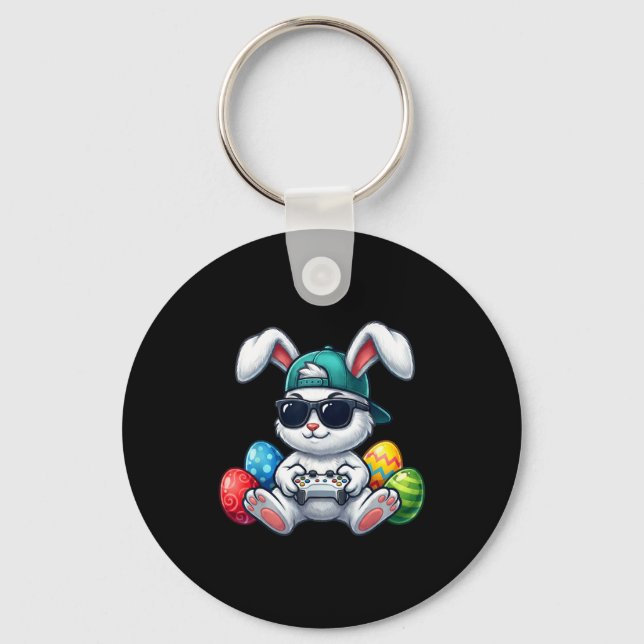 Funny easter bunny gaming video game gamer easter key ring (Front)