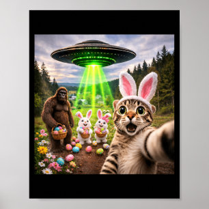 Funny Easter Cat Selfie with Bigfoot and UFO Poster