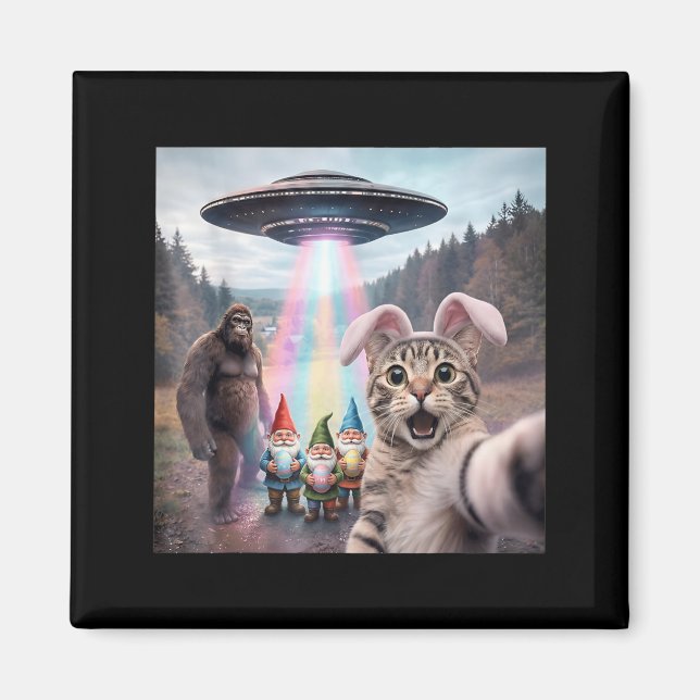 Funny Easter Cat Selfie with Bigfoot UFO Easter Magnet (Front)