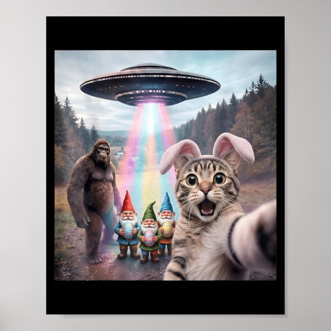 Funny Easter Cat Selfie with Bigfoot UFO Easter Poster (Front)