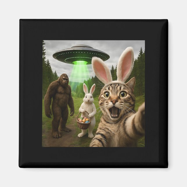 Funny Easter Cat Selfie with Bunny Bigfoot UFO Magnet (Front)