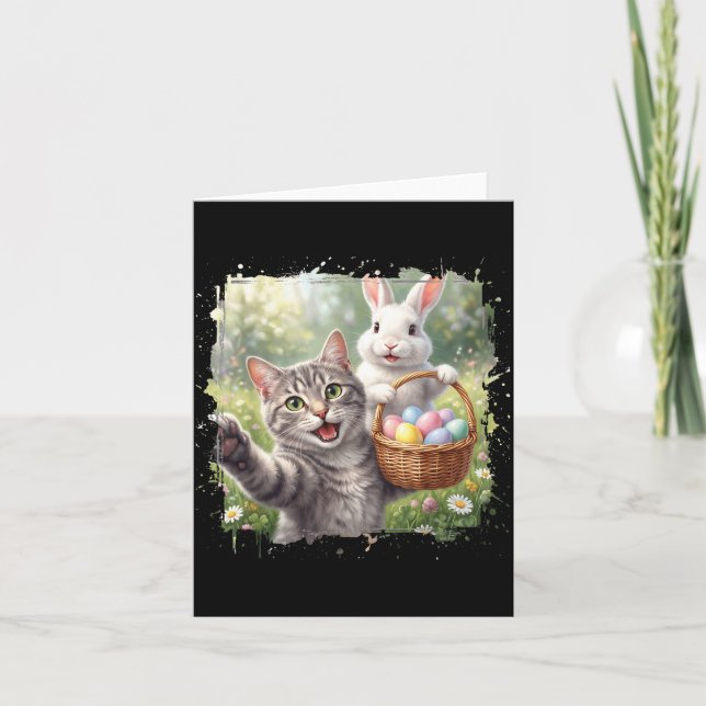 Funny Easter Cat Selfie with Easter Bunny Adults Card (Front)
