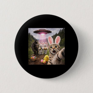 Funny Easter Day Cat Selfie with Bunny Bigfoot UFO 6 Cm Round Badge