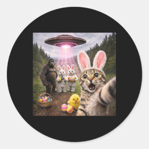 Funny Easter Day Cat Selfie with Bunny Bigfoot UFO Classic Round Sticker