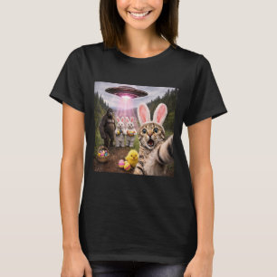 Funny Easter Day Cat Selfie with Bunny Bigfoot UFO T-Shirt