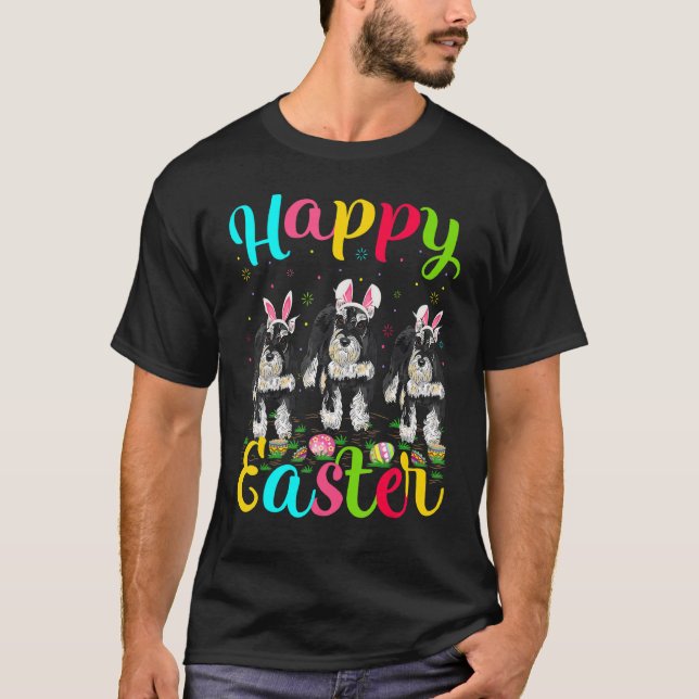 Funny Easter Egg Bunny Miniature Schnauzer Dog Hap T-Shirt (Front)