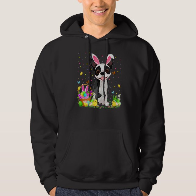 Funny Easter Egg Hunting Boston Terrier Dog Easter Hoodie (Front)