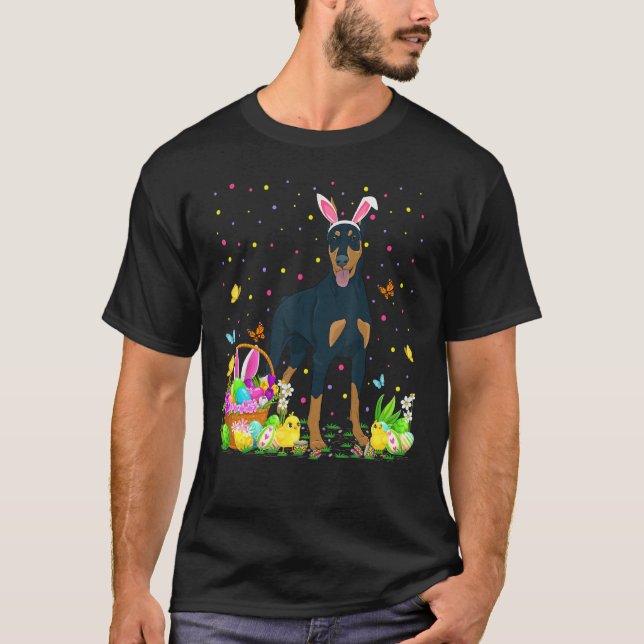 Funny Easter Egg Hunting Doberman Pinscher Dog Eas T-Shirt (Front)