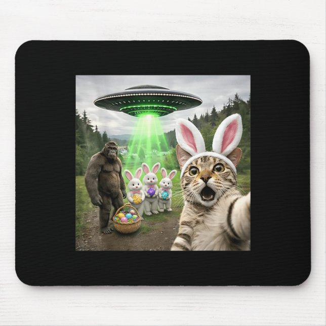 Funny Easter Eggs Alien UFO Cat Selfie Bunny Squad Mouse Pad (Front)