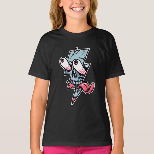 Funny Edgy Skull Face And Lightning Shape T-Shirt (Front)